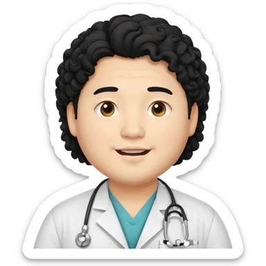 a young asian chubby male doctor with black long curly hair and cheerful face without gpasses sticker