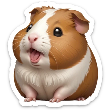 Cinematic Cute Yawning Brown and White Banded Guinea Pig Portrait Emoji, Head tilted slightly with a dramatic, wide-open yawn, revealing a soft, banded fur of brown and white with tiny, droopy ears, round dark eyes barely open in drowsy contentment, Simplified yet irresistibly adorable features, highly detailed, glowing with a soft, cozy glow, high shine, relaxed yet expressive, stylized with a touch of whimsy, bright and endearing, soft glowing outline, capturing the essence of a sleepy yet affectionate guinea pig, so drowsy it feels like it could stretch out of the screen and curl up for a nap! sticker