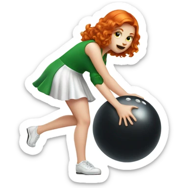 Irish, red-headed, female dancer bowling, in a standing, slightly bent over stance holding a bowling ball sticker