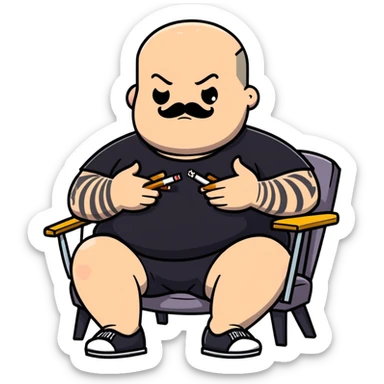 Overweight man sitting back in chair with legs spread, holding cigarette, exposed belly, round face, very short buzzcut hair, short beard with mustache, black t-shirt with light stripes on top, black shorts, tattooed arms sticker