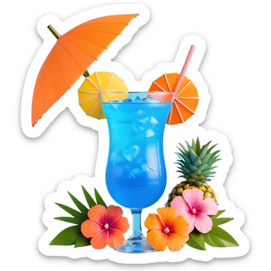 blue tropical cocktail with hibiscus, pineapple, and tiny pastel paper umbrella garnishes sticker