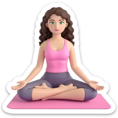 beautiful girl with long curly dark brown hair, green eyes, in light pink yoga outfit, sitting on a yoga mat, emoji style sticker