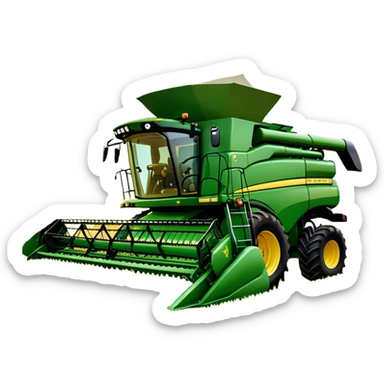 John Deere S780 (2021) – Cinematic-realistic John Deere S780 combine harvester, its bold green frame towering over golden wheat fields. The powerful header swallows crops effortlessly as grain fills the tank, while the setting sun casts a warm glow over the vast farmland. sticker