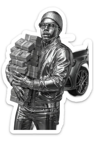 Create a chrome icon version of the person in the reference image with realistic white skin tone and natural facial features. The hoodie, hat, and clothing should be chrome. Add Cartier-style glasses. Replace the car behind him with an AMG model. The money should remain realistic US dollar bills. The overall style should be bold and iconic, with only the clothes and accessories in chrome, not the skin. sticker