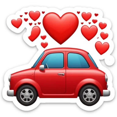 red car surrounded by hearts and wavy vibration marks, apple style emoji sticker