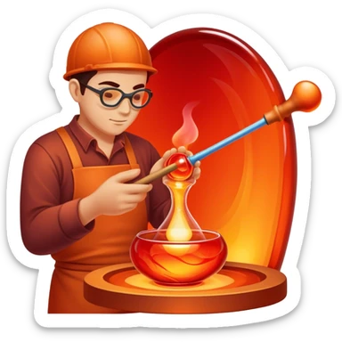 Glassblowing and casting icon, artisan shaping molten glass with a blowpipe, glass being poured into a mold, glowing red-hot glass, delicate patterns, minimalistic style, clean lines, transparent background. sticker