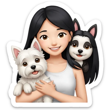 A asain girl with long black hair. She is wearing a white crop top. she is smiling and hugging a west highland terrier with big ears  sticker