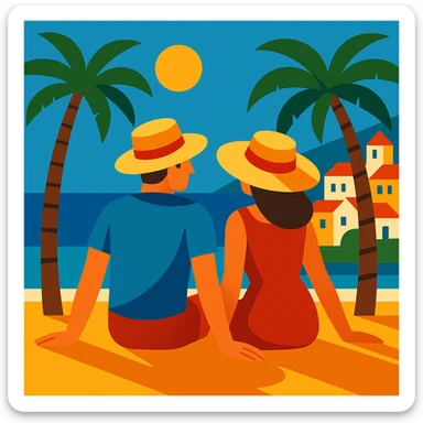 couple (husband and wife) sitting on a beach in Spain, palm trees, sun hats, Mediterranean vibe, colorful illustration sticker