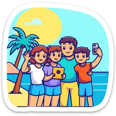 family taking a selfie with palm trees and ocean sticker