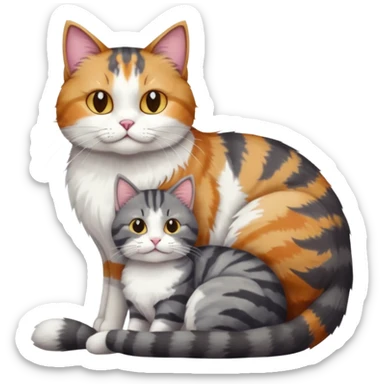 full body colourful light patched calico + white tabby cat cuddling a large dark grey and white tabby cat  sticker
