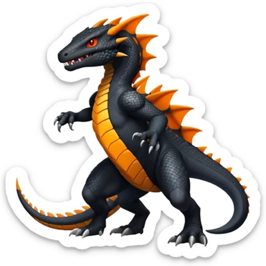 Black Salandit-Tyrunt-Greymon-Fakémon-creature-hybrid with orange belly (full body) sticker