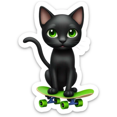 Black cat with green eyes riding a skateboard  sticker