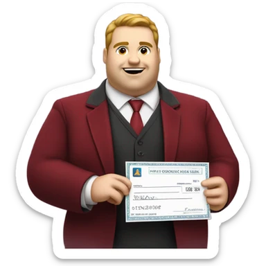 fat guy in dark red velvet suit holding cheque sticker
