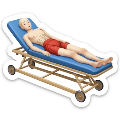 human figure, oriental appearance, full length, lying down, with injuries on an old stretcher, 1980 sticker