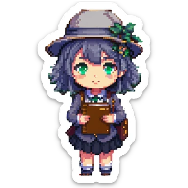 Japanese anime schoolgirl detective with a detective hat and notebook, in a thinking pose, pixel art style sticker