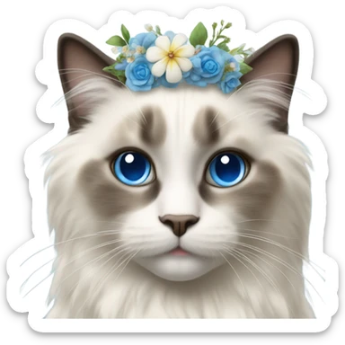 Realistic ragdoll cat with blue eyes wearing flowers  sticker