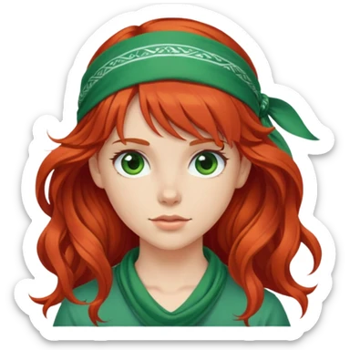 White red-haired girl with wavy long hair, bangs, and a green bandana on her head. sticker