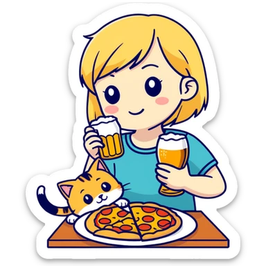 Chica rubia con su gato con una cerveza y su gato Comiendo pizza y ella comiendo croquetas  sticker