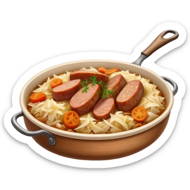 Cinematic Realistic Bigos Dish Emoji, showcasing a hearty stew of sauerkraut and meats rendered with rich textures and dynamic, rustic lighting. sticker