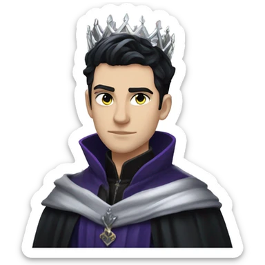 Rhysand has straight short blue-black hair, like a raven's feathers and violet eyes with flecks of silver like starlight, he wears a black cloak and a black and silver crown sticker