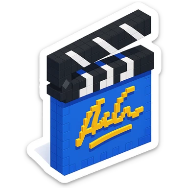 voxel style movie clapperboard with a gold director's signature, isometric view sticker
