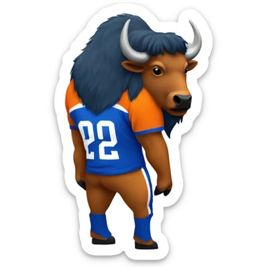 Bison mascot wearing an orange and blue jersey sticker