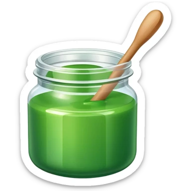A small open plastic jar of vibrant green wax, wooden stick inside sticker