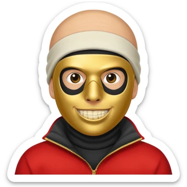 A bald guy wearing a ski mask with gold teeth sticker