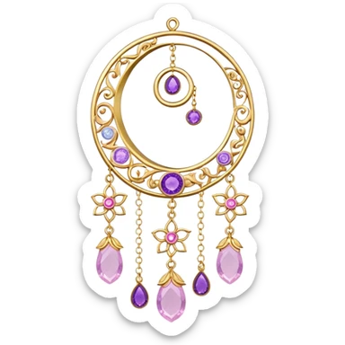 Epic Hanging gold suncatcher, threads with shiny sparkly amethyst and rose-quartz gemstones, flowers, crescents-moons sticker