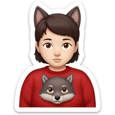 make a girl that has a boyish wolf cut thats right above the shoulders, give her a red sweater that says “ About you, the 1975 “ and make her face just right chubby but slso not too chubby. ( make it a white background and make the hair dark brown and also the eyes dark brown ) sticker