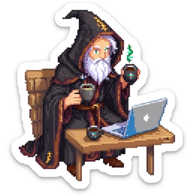 classic wizard upper body coding on a laptop, wearing dark robe, drinking coffee sticker