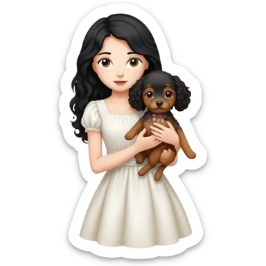 A beautiful girl with long black hair in a white dress holds a small brown curly-haired dog sticker