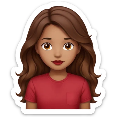 Very light brown girl with long wavy brunette hair and blush, wearing dark red tshirt sticker