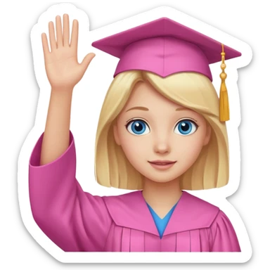 blue eyed blonde girl in pink graduation attire, waving, festive background sticker