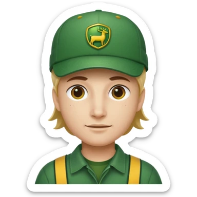 with a John Deere cap on his head and sticker