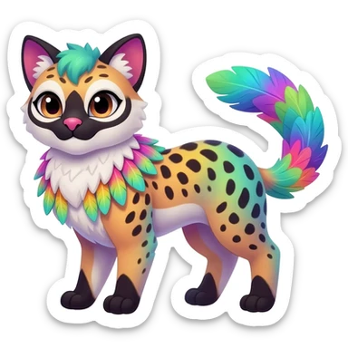 Colorful dark tropical feathery tribal pale light fruity pastel white glorious iridescent divine exotic cute cool beautiful beautiful fantasy-caracal-civet-genet-sergal-vernid-Gryphon-Cacomistle-Trico-oncilla-animal-Fakémon-hybrid-fursona (full body) sticker