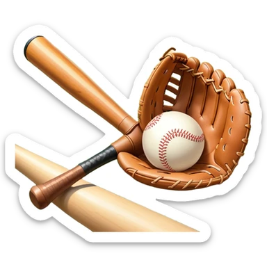 A baseball bat, ball, and glove resting on the ground, set against the backdrop of a baseball field. The scene captures the iconic equipment of the sport, with the field in the distance and a bright sky above, evoking the spirit of the game. sticker