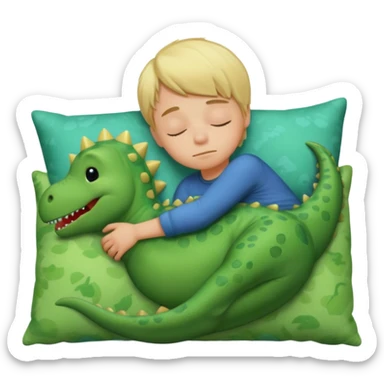 Blond boy sleeping with green pillow with dinosaur sticker