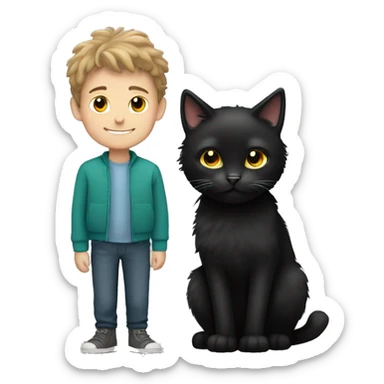 Fluffy black cat with Caucasian boy sticker