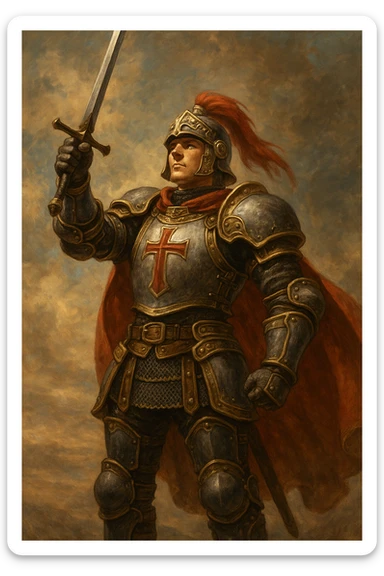 Final Fantasy XI Paladin, classic armor, standing proud, sword raised, fantasy illustration sticker