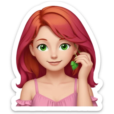 Face with red hair, green eyes, tucking her hair behind her ear, blushing rosy cheeks and smiling looking down, wearing pink dress sticker