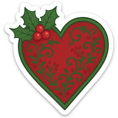 heart with Christmas theme, decorated with holly, red and green, remove background sticker