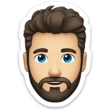 White man with a sun kissed tan and blue eyes. His hair is dark brown, styled sideways backwards. He has a beard and mustache trimmed. Wears s black t-shirt. sticker