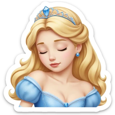Cinematic Realistic Sleeping Cinderella Portrait, portrayed with exceptional realism: her luminous porcelain skin and exquisitely detailed golden-blonde hair lie softly under the gentle caress of natural light. Her eyes are peacefully closed in a serene, dreamlike slumber, and every fold and shimmer of her iconic ball gown is rendered with painstaking detail. The overall composition radiates a quiet, enchanting glow that encapsulates the timeless, restful beauty of a princess lost in a gentle, magical dream. sticker