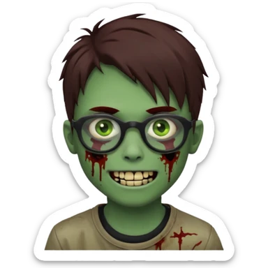 Zombie emo boy, green skin and brown hair, black glasses and a scary smile, scars and blood under eyes sticker
