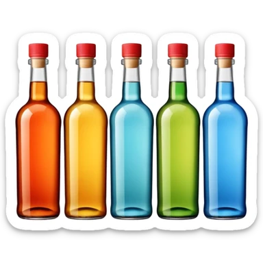 Four bottles of alcohol without labels, each with distinct shapes, arranged neatly in a row. The bottles should vary in color and size, with detailed caps. sticker