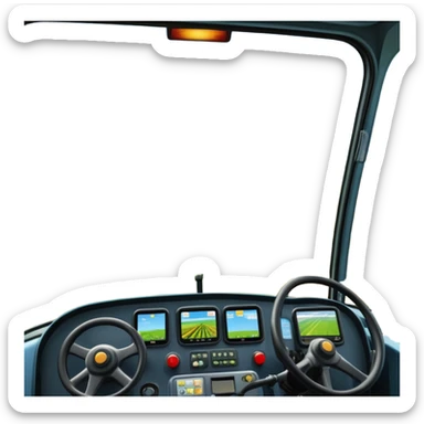 a view from the tractor cabin, with the dashboard in focus, overlooking a vibrant rural landscape. Inspired by Farming Simulator 22, the scene includes fields, crops, and distant barns under a bright sky. The design highlights the immersive experience of farm management. transparent background sticker
