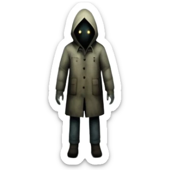 An icon representing a horror game, inspired by Silent Hill 2. The design features a foggy, eerie street with a shadowy figure in the distance. Creepy, dim lighting and dark, abandoned buildings set the tense atmosphere. Transparent background enhances the unsettling mood. sticker