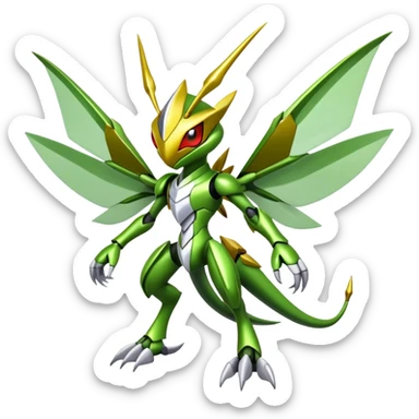 Cute Cool Edgy Shiny Futuristic Ethereal Legendary Kartana-Digimon-Scyther-Scizor-hybrid full body sticker