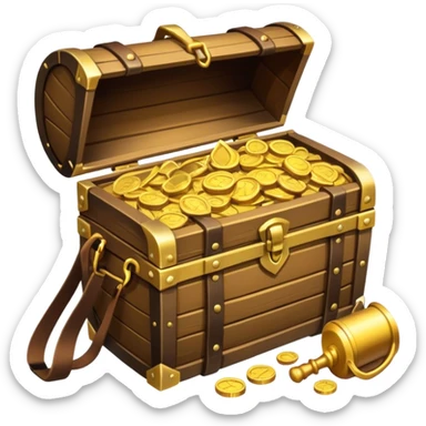 An icon showcasing a treasure chest filled with gold, a treasure map rolled up beside it, a backpack and shovel. The design captures the essence of treasure hunting, exploration, and excitement, set on a transparent background to emphasize the thrill of discovery. sticker